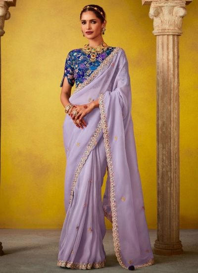 Lavender glass tissue sequins embroidered wedding saree with blouse 2152